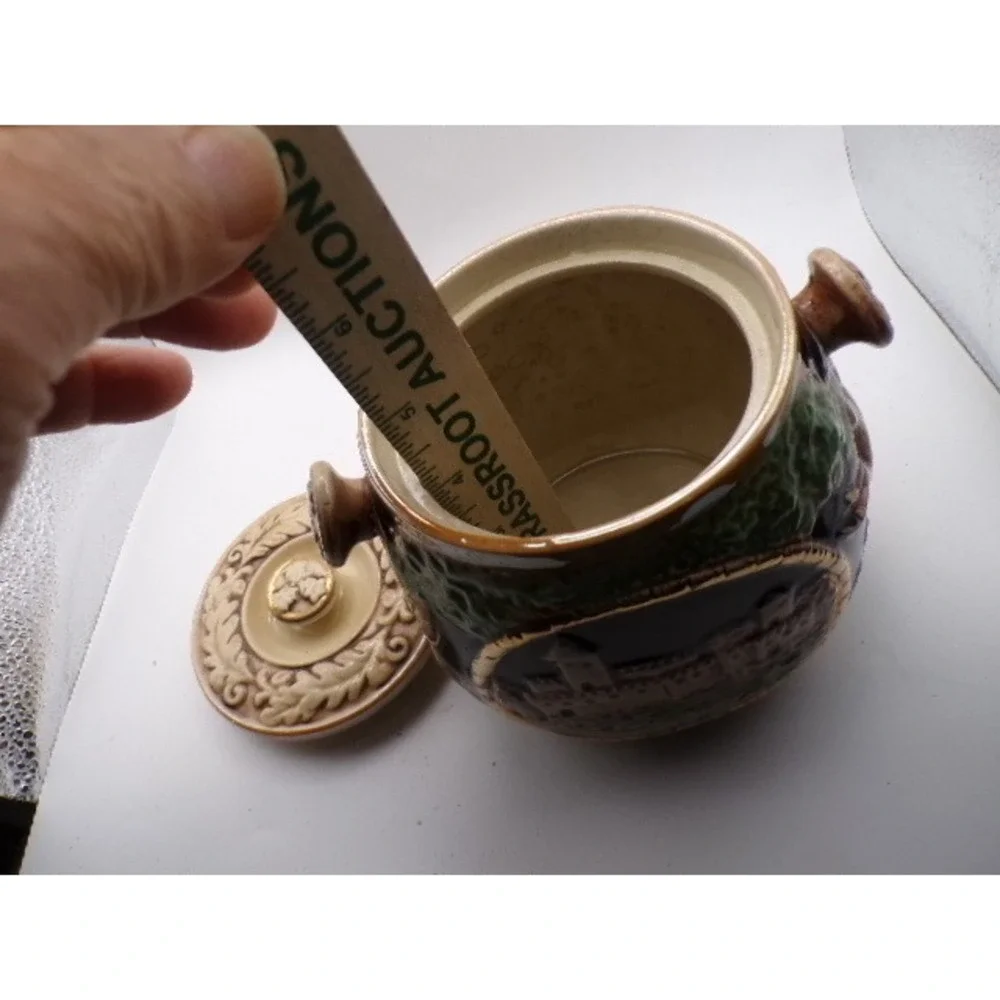 Vintage German Ceramic‎ Pot Lidded Biscuit Jar Embossed Castle Scene Figuri